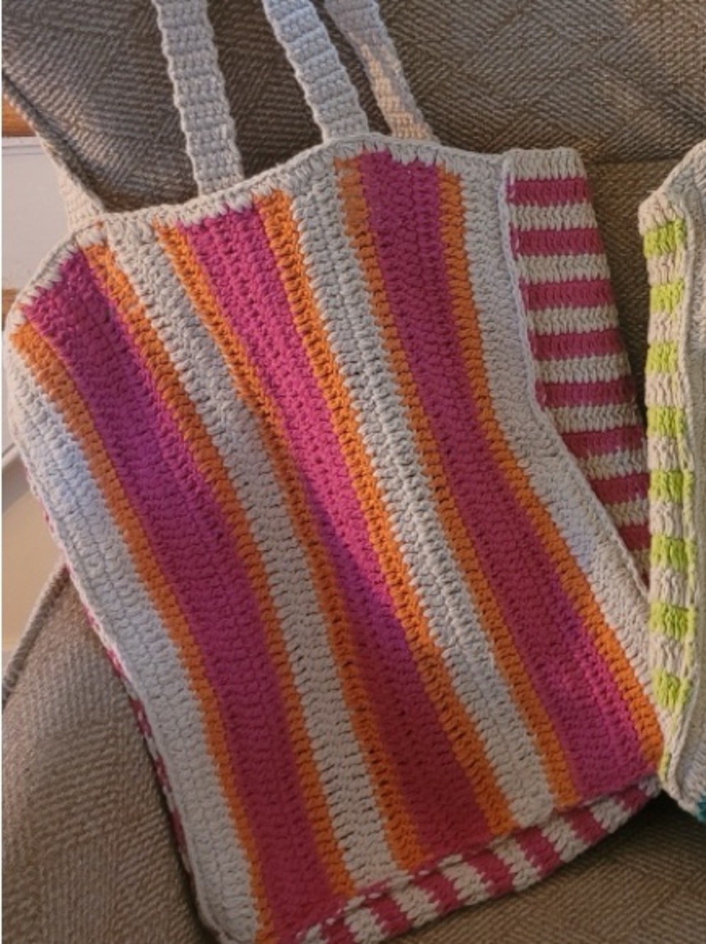 Freestyle Striped Crochet Tote Bag - Pink, Orange & Neutral Trim